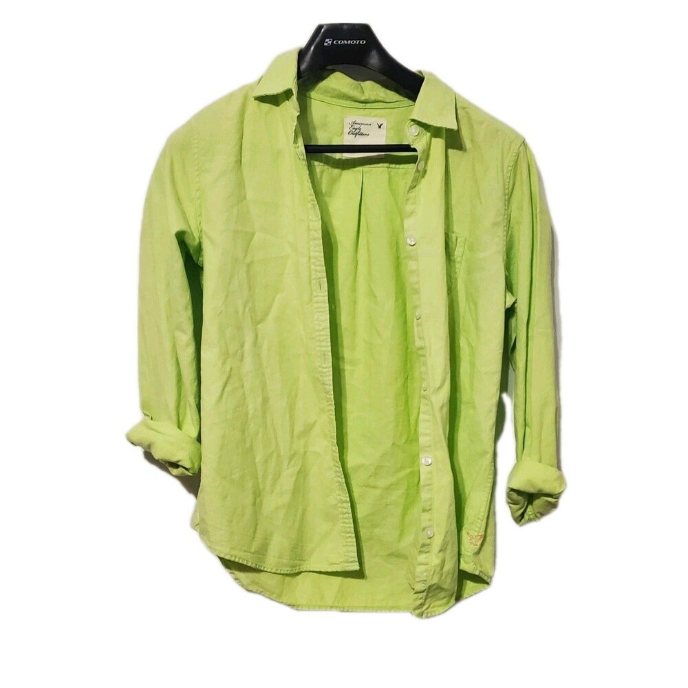 Late 2000s American Eagle Slime Green Button Up Pink Logo Size 12 Mall Prep
